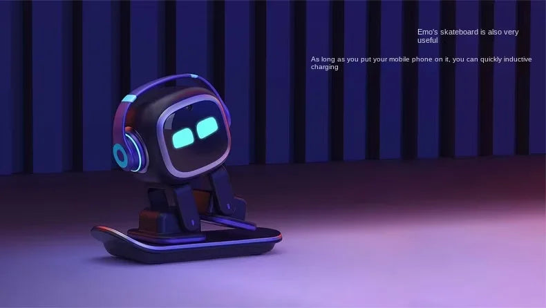 Cute AI EMO robot communicating with child and adult users