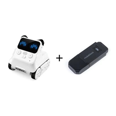 White robot toy with blue digital display and black Bluetooth adapter on a white background