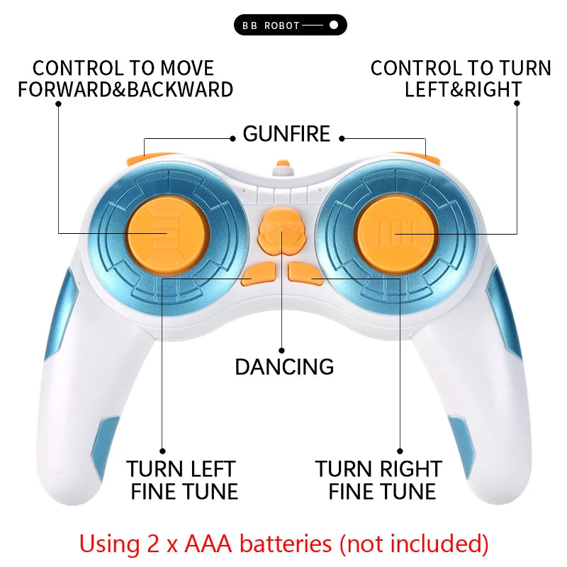 Toy remote control with labeled buttons and features on a white background