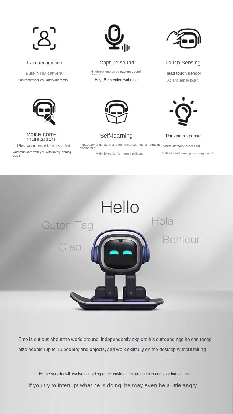 AI EMO robot smart toy showing facial recognition and emotional interaction
