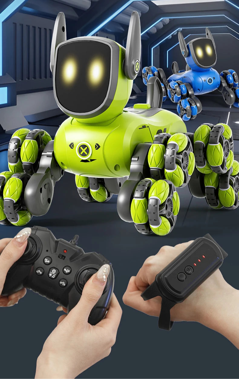 Robot dog toy with dual control devices on a dark background
