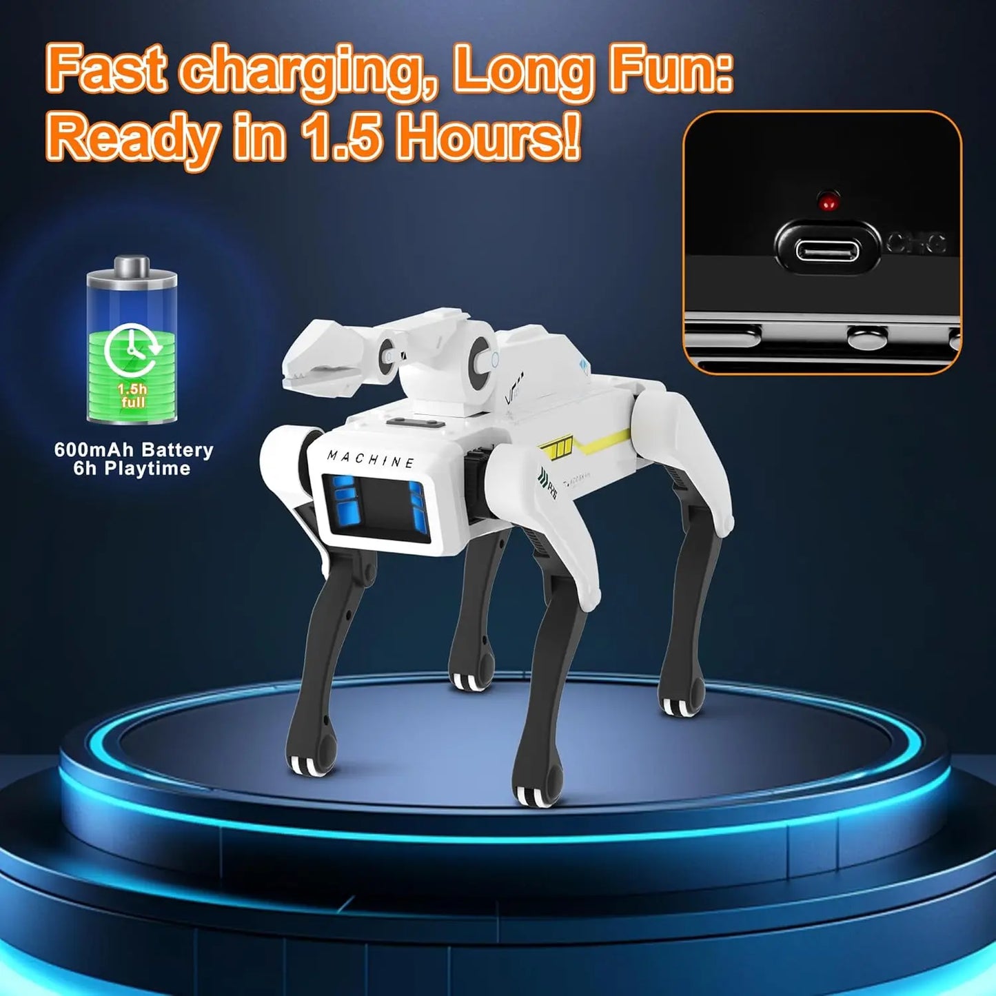Robotic dog with charging station and battery icon on a dark blue background