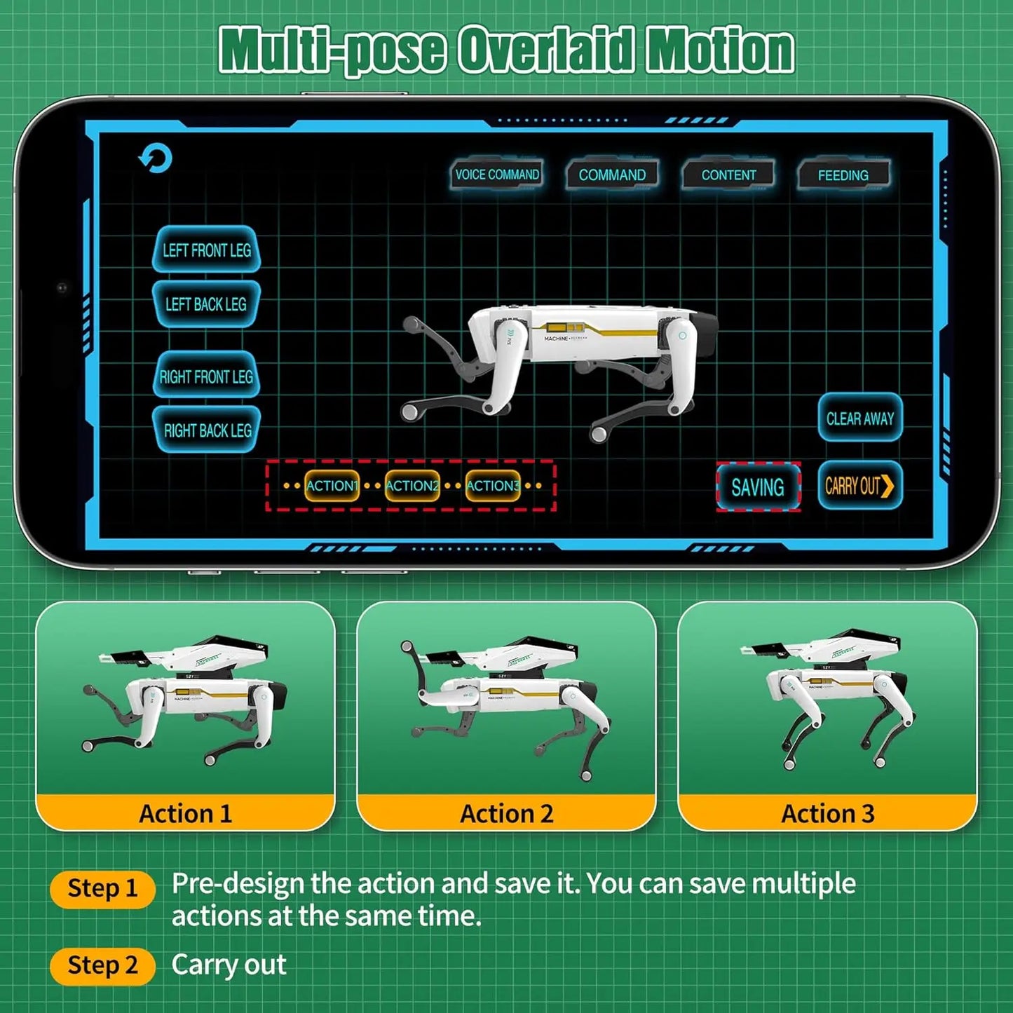 Phone screen displaying a robot animation software with multiple action poses on a green grid background.