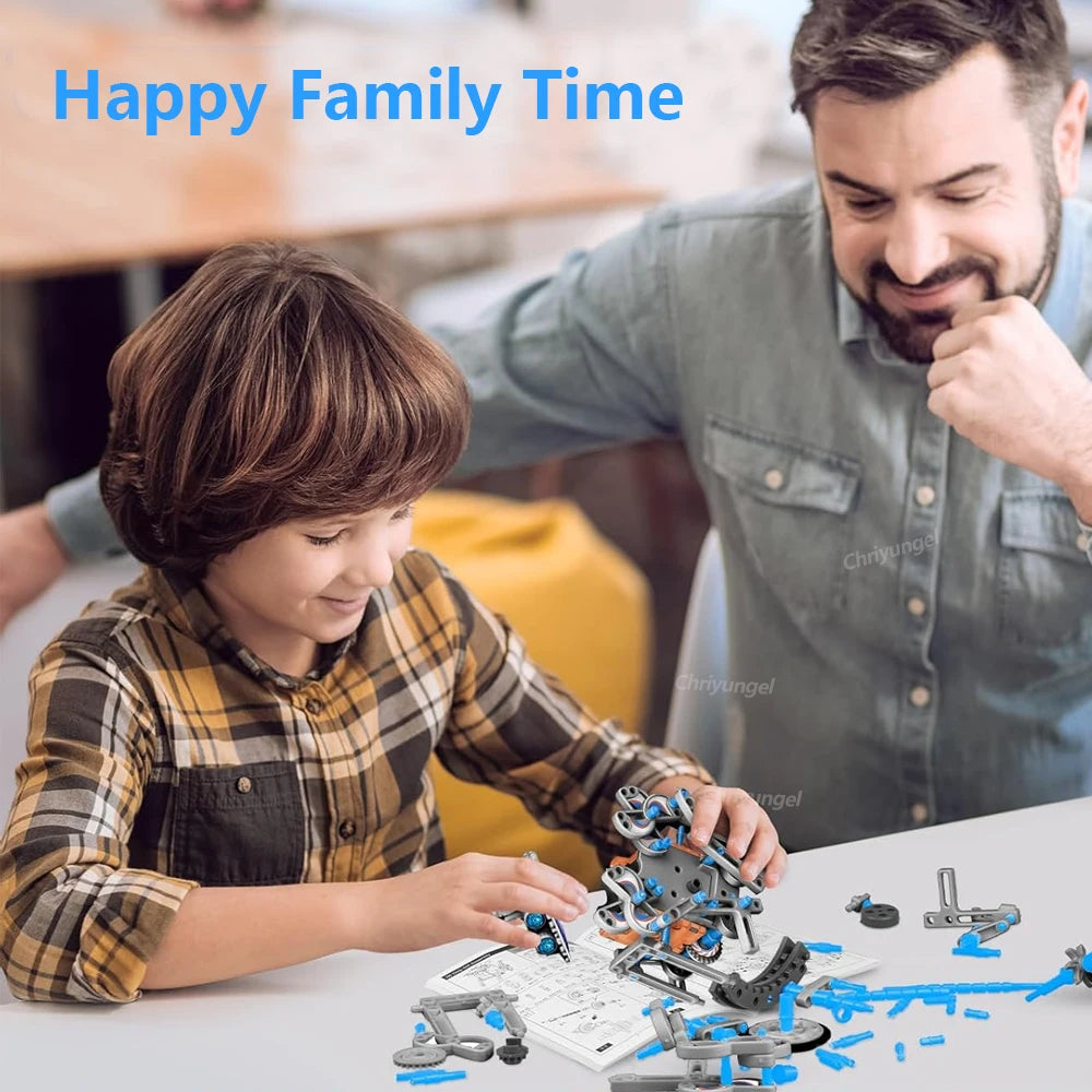 Man and child playing with building blocks, with 'Happy Family Time' text above.