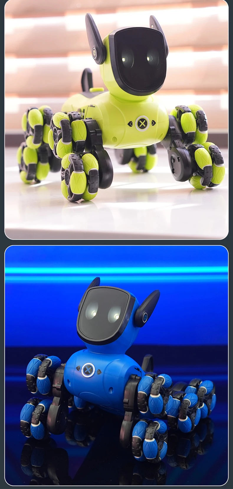 Two images of a robot spider toy, one green and black on a light background, the other blue on a dark background.