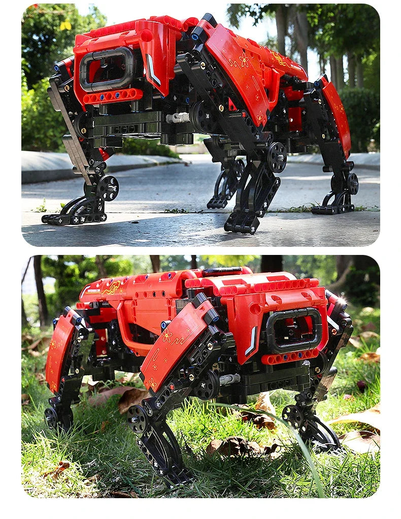 Red and black mechanical toy dinosaur model in two different settings.