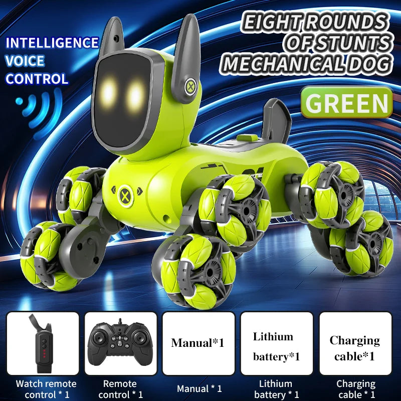 Green mechanical dog toy with text highlighting features on a blue and black background