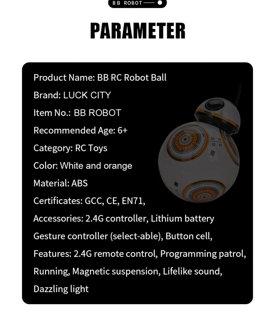 Product details of BB RC Robot Ball by LUCK CITY on a black background