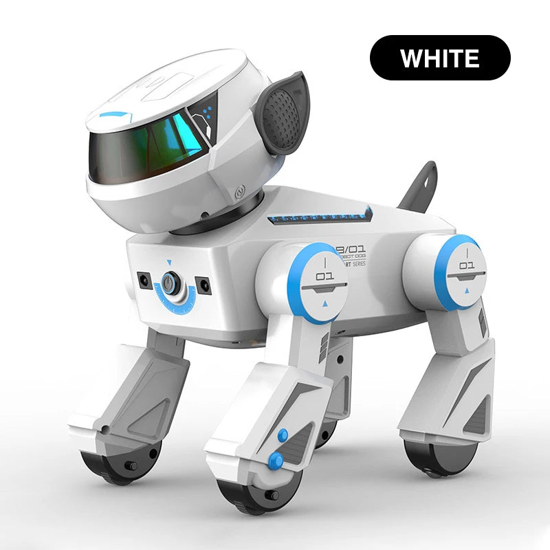 White robot dog toy with blue accents on a white background