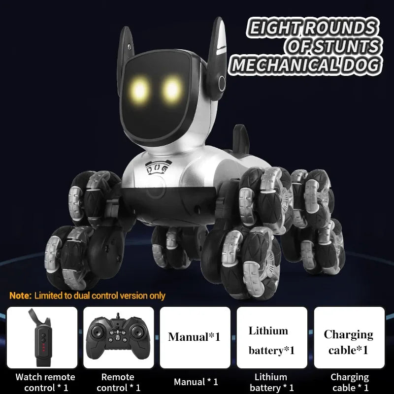 Mechanical dog toy with glowing eyes on a dark background, featuring text about stunts and included items.