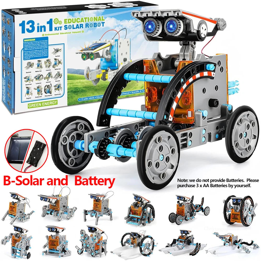 Educational solar robot kit with components and packaging on a white background