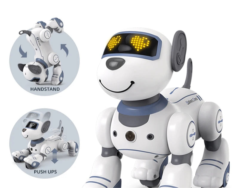 Robotic dog with programming function features on a white background