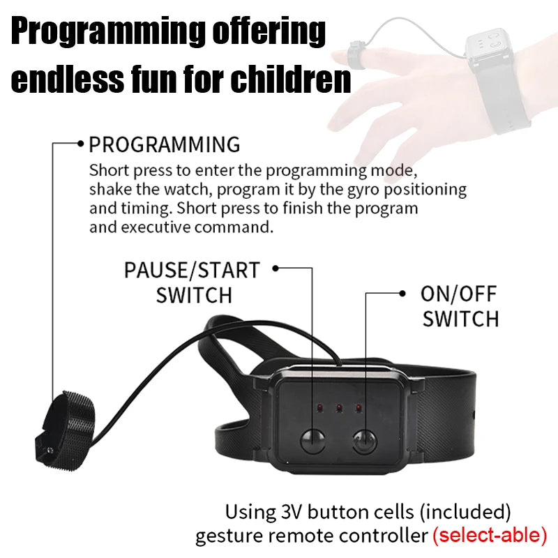 Wearable device with programming instructions and switch labels on a white background