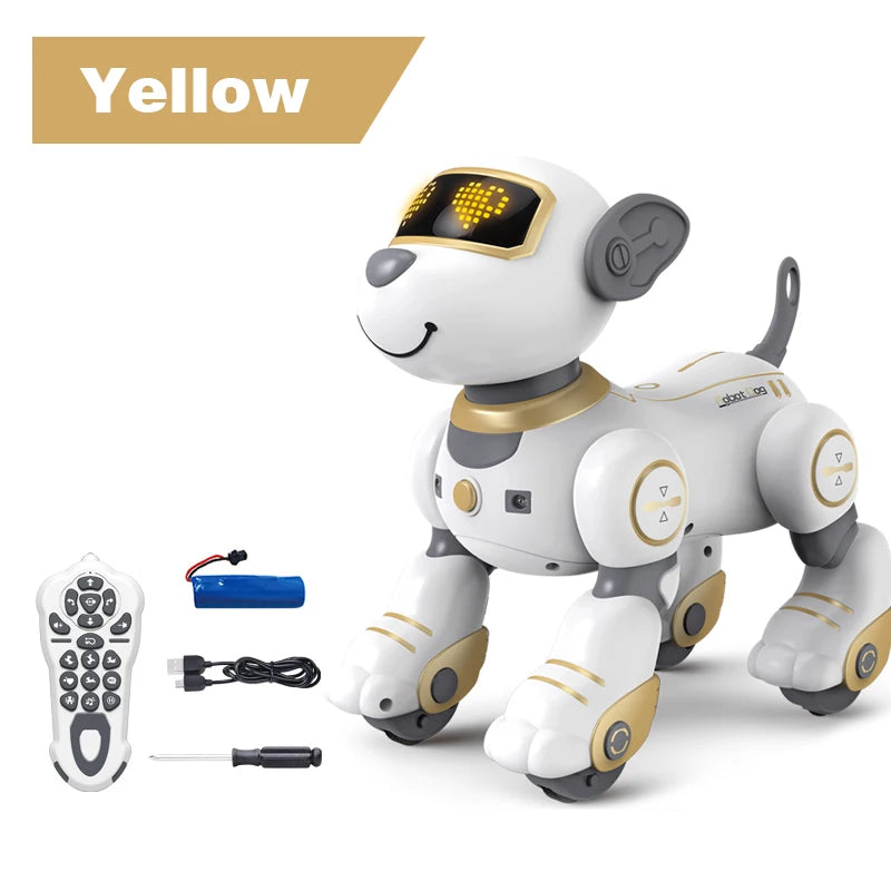 White robot dog with remote control and batteries on a white background
