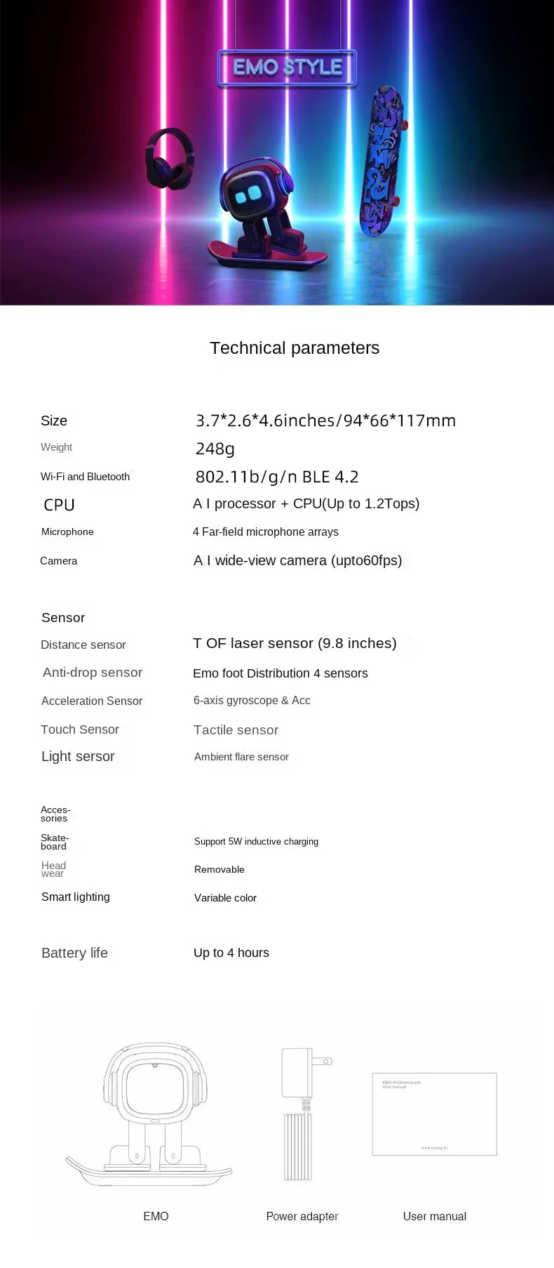 Technical specifications of emo AI robot with glowing pink and blue background