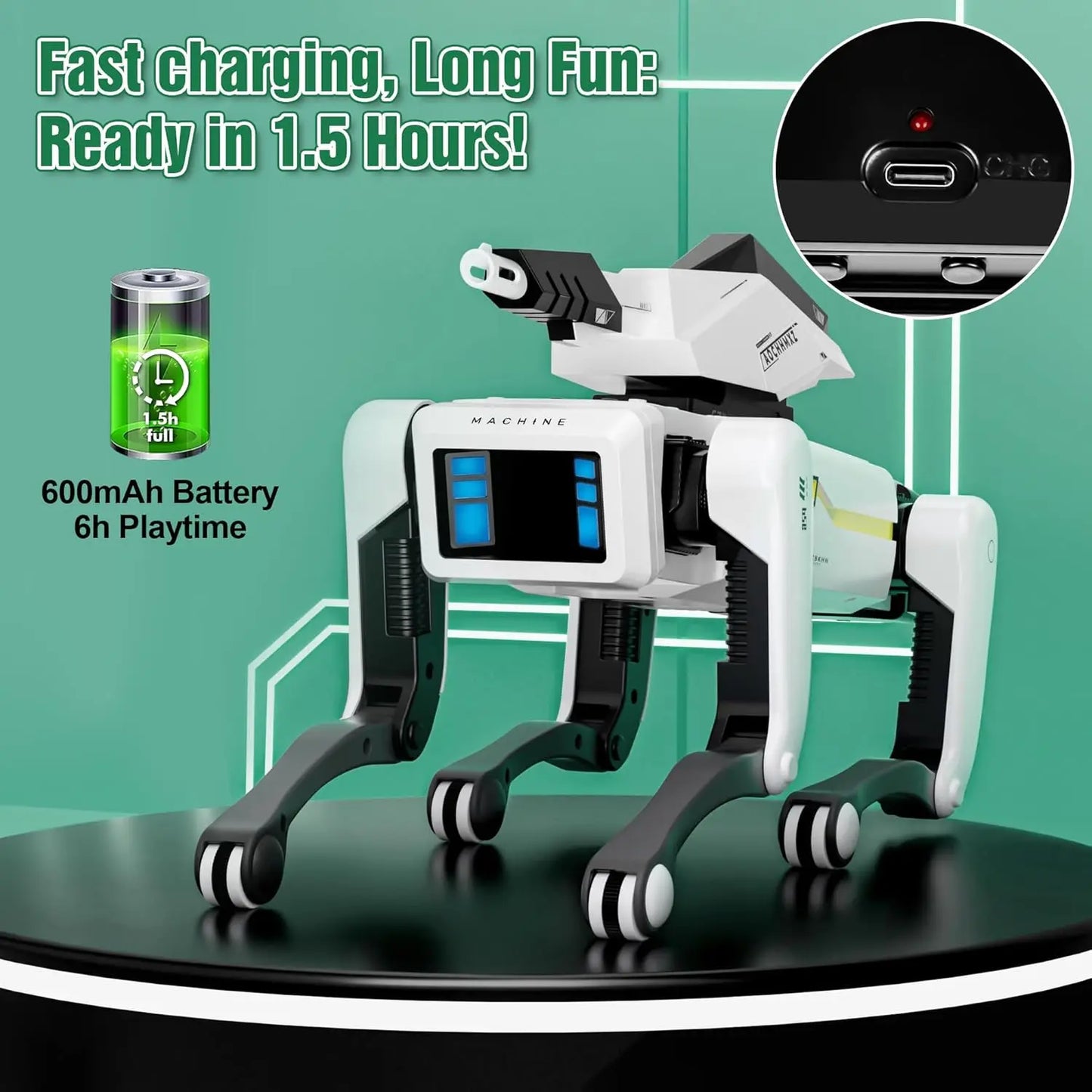 Toy robot with charging cable and battery icon on a green background