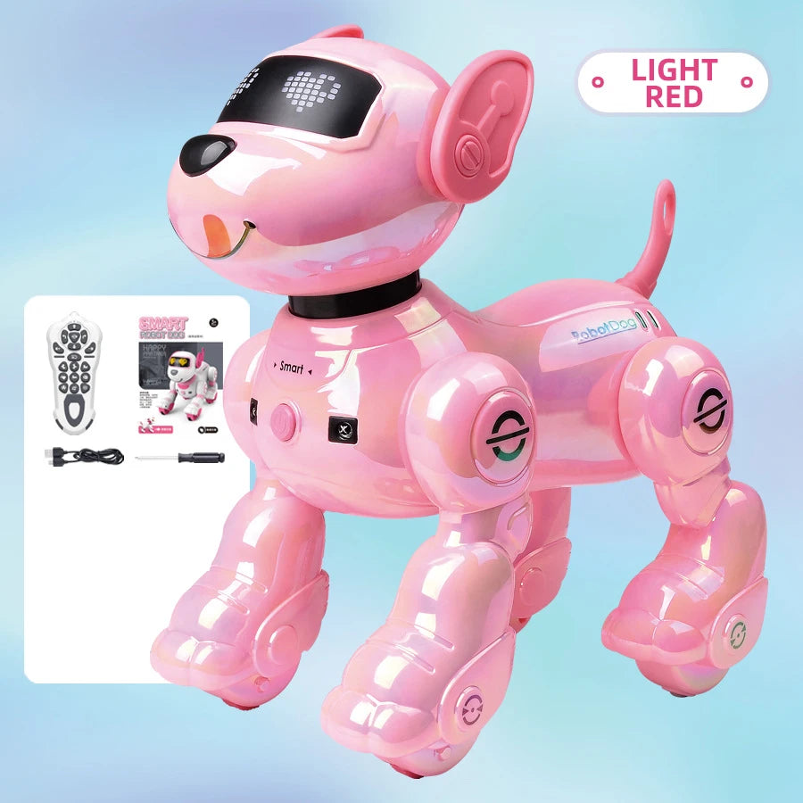 Pink electronic toy dog with remote control on a light blue background