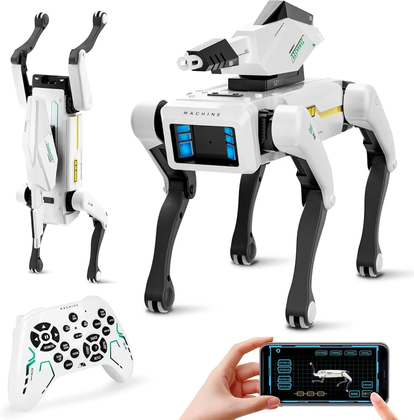 Robotic dog with remote control and smartphone app on a white background