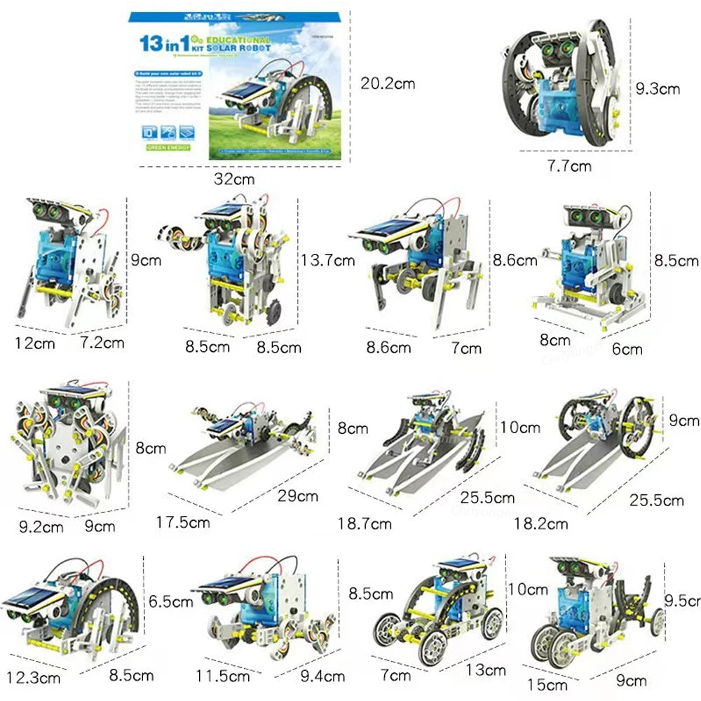 13-in-1 solar robot kit with various configurations and dimensions displayed.