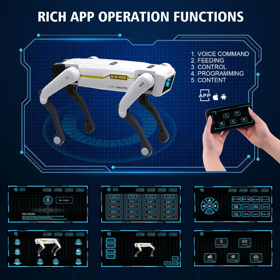 Robotic dog with smartphone control and app operation functions on a dark background