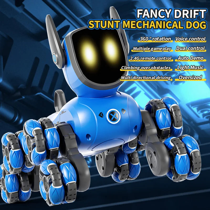 Blue mechanical dog toy with glowing eyes on a dark background