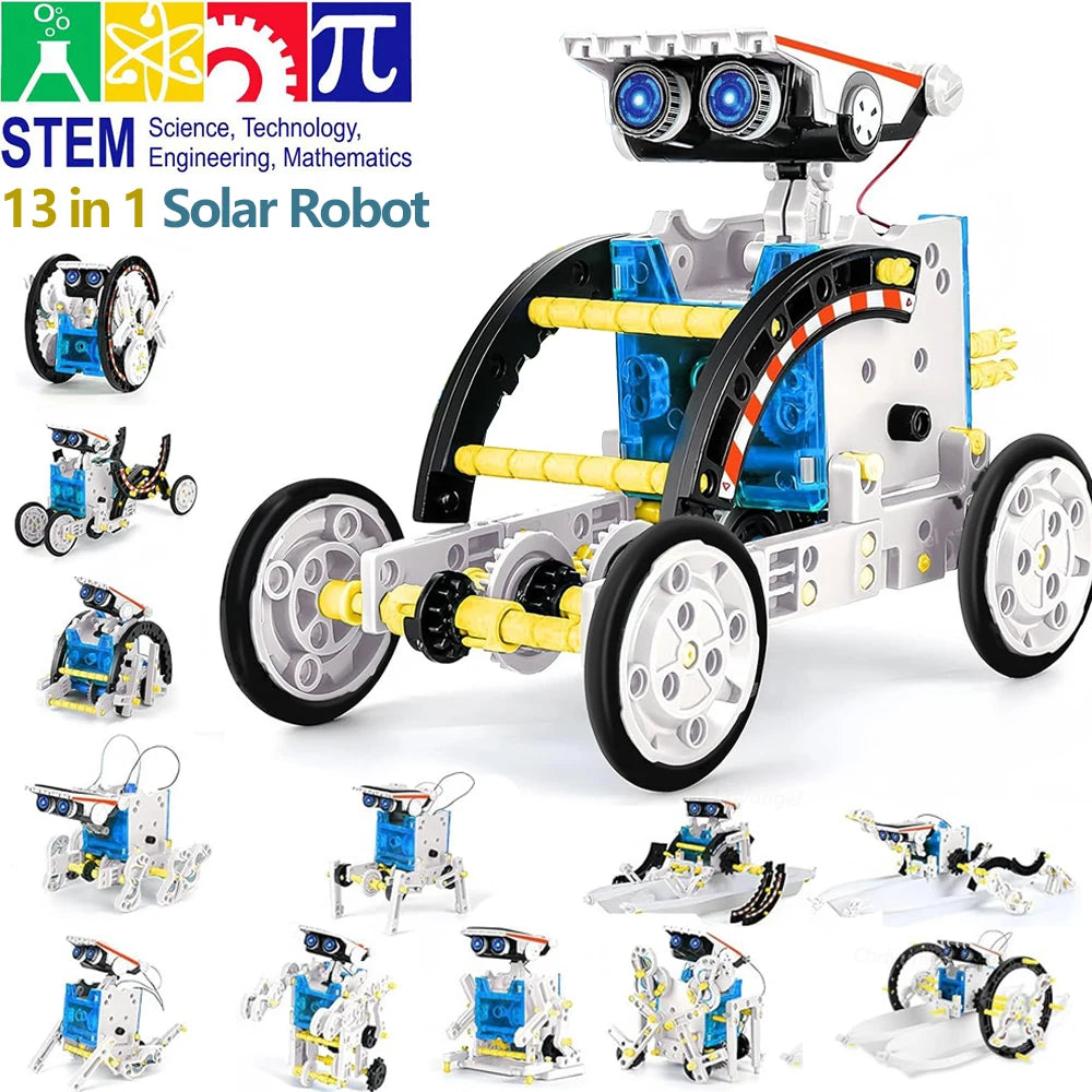 13-in-1 solar robot kit with various robot models on a white background
