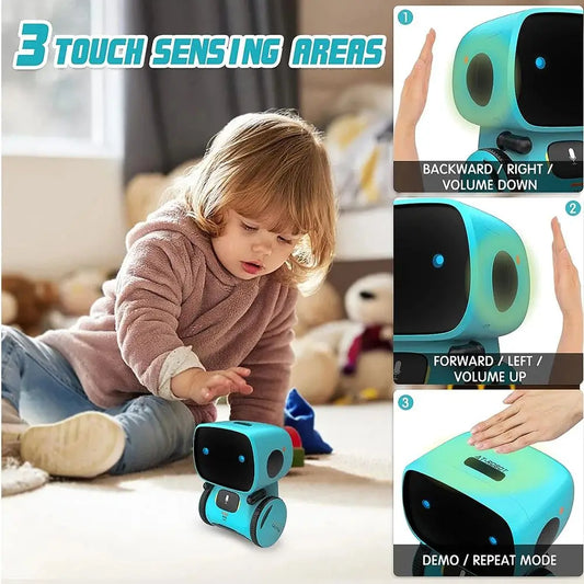 Child playing with a blue and black robot toy, with close-up shots of its touch sensing areas.