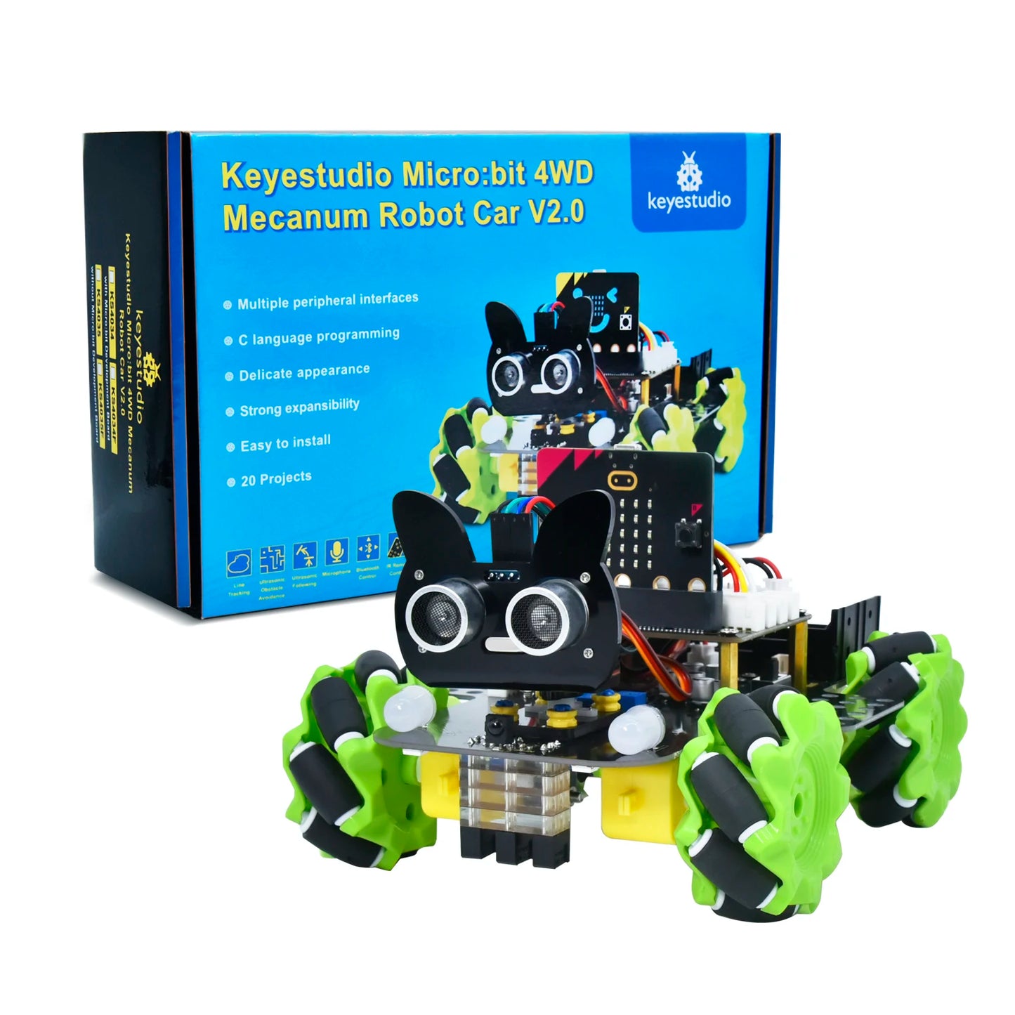 Micro:bit 4WD robot car STEM kit with ultrasonic sensors and line tracking features
