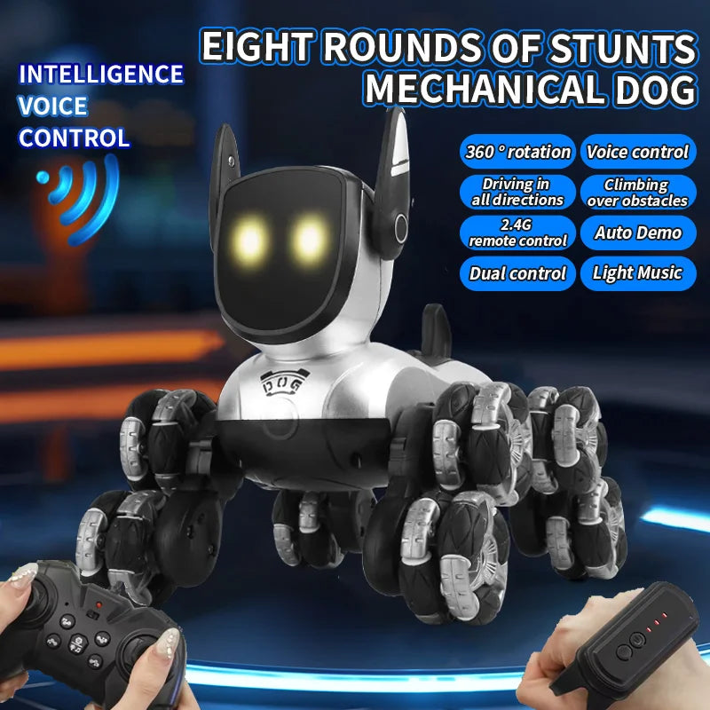 Mechanical dog toy with remote controls and feature text on a dark background
