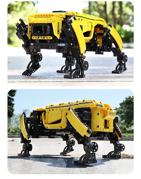 Yellow and black mechanical toy resembling a robot or vehicle on a concrete surface with greenery in the background.