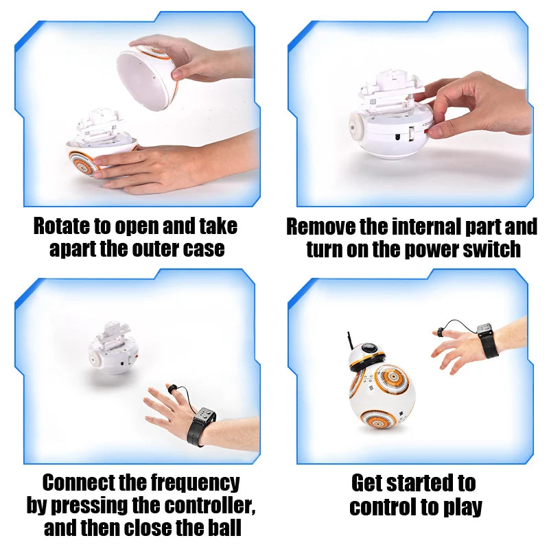 Step-by-step instructions for assembling and controlling a robot ball with text labels.
