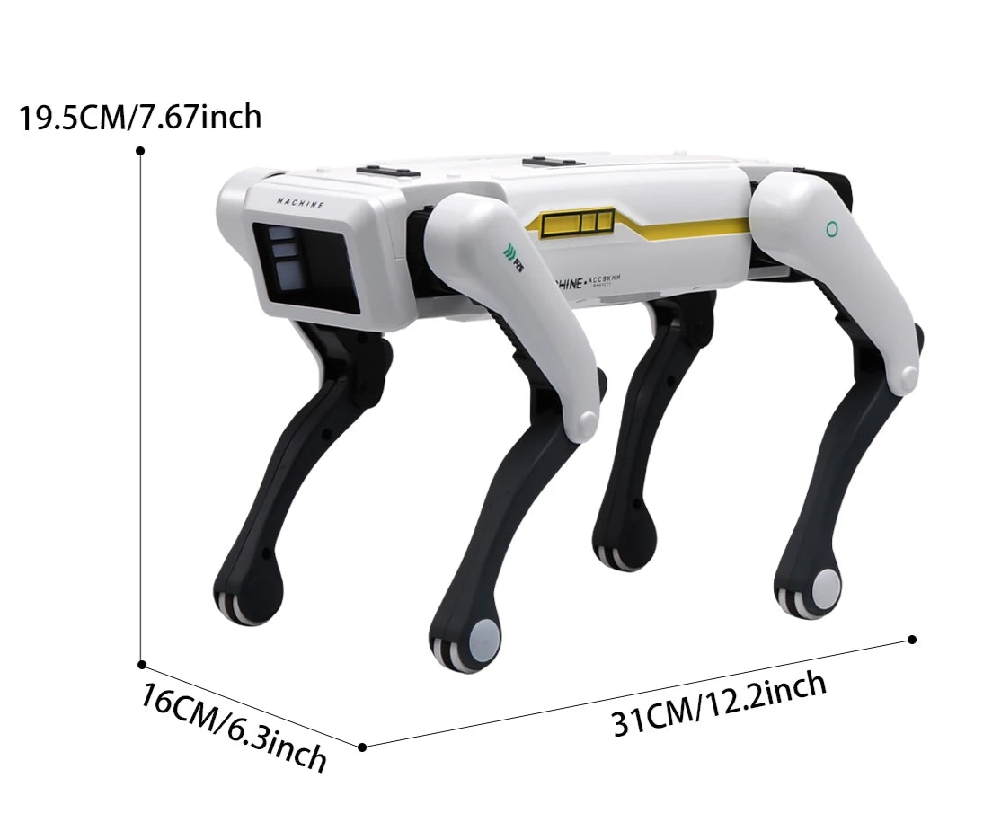 Measurement chart of a robot dog and its packaging, showing dimensions in centimeters and inches.