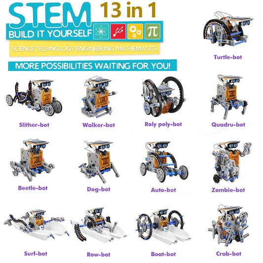 13 different robot models from a STEM building kit on a white background