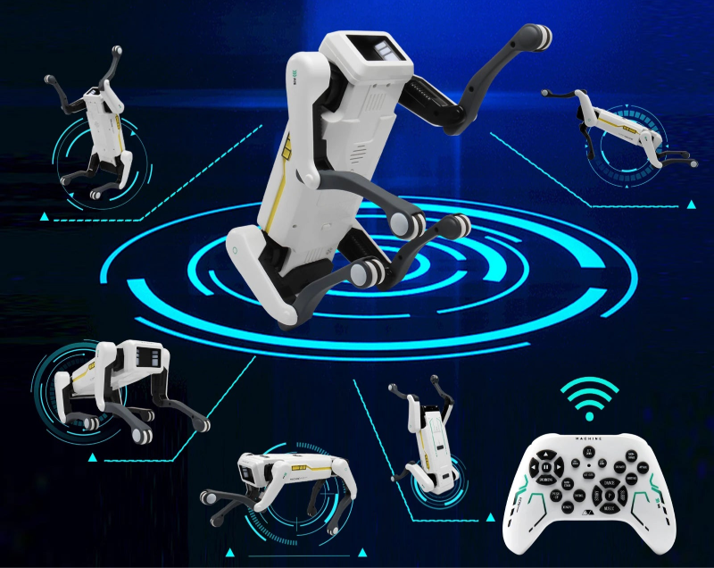 Robotic acrobat performing acrobatics with intelligent programming on a blue background