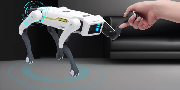Mechanical dog with a hand for handshake interaction on a gray background