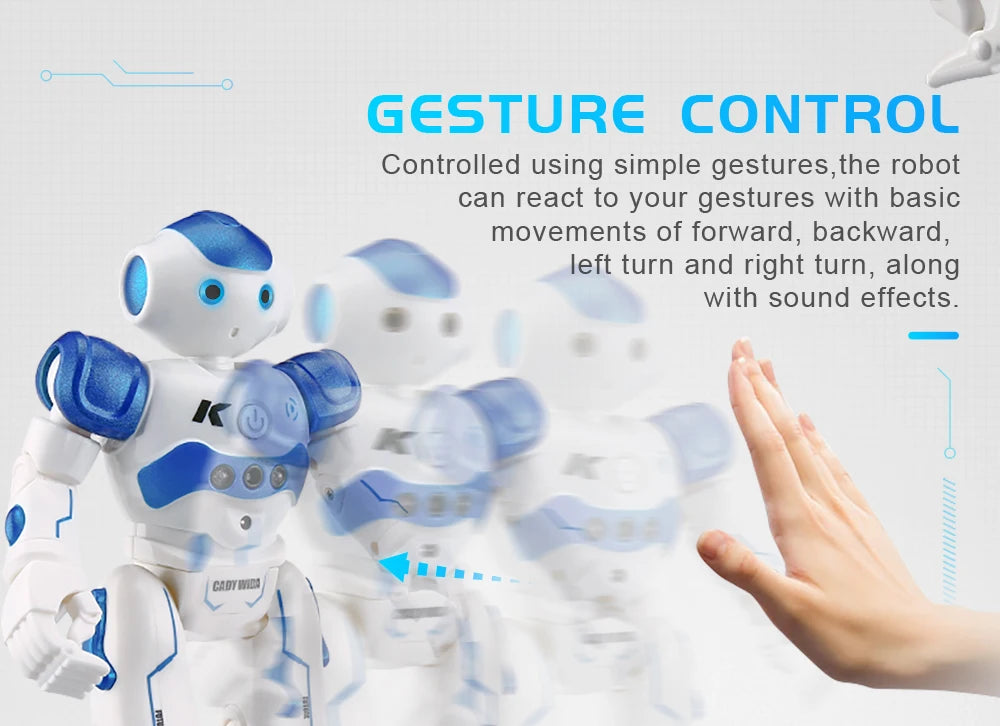 White and blue robot with gesture control text on a white background