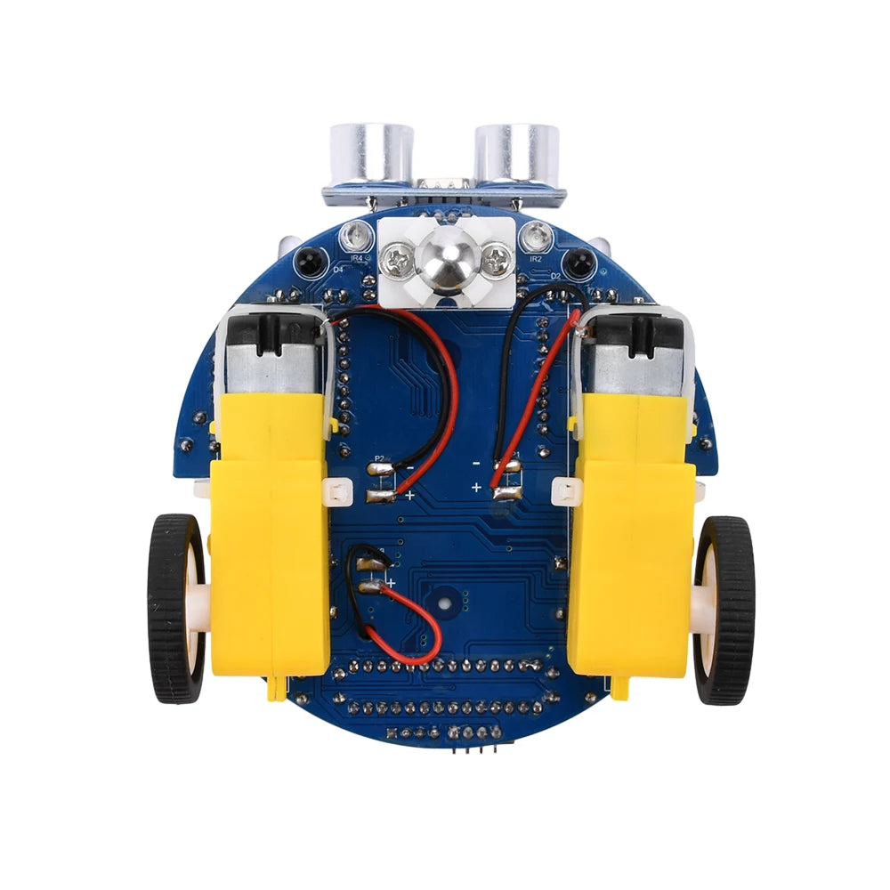Robot chassis with wheels and electronic components on a white background