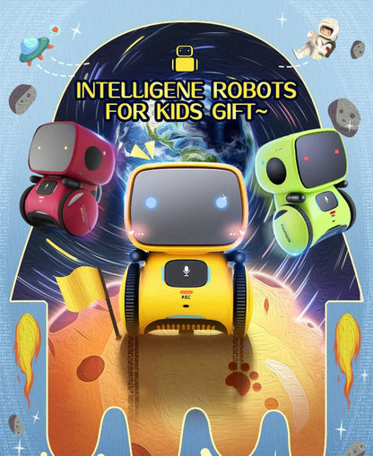 Three colorful robots on a space-themed background with text 'Intelligene Robots For Kids Gift'.