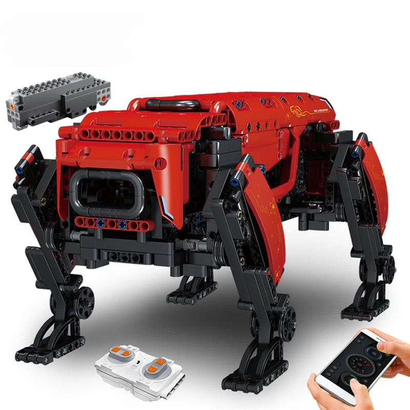 Red and black robot model with remote control on a white background