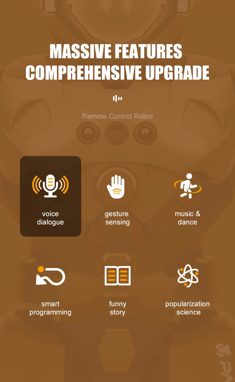 Remote control robot with features like voice dialogue, gesture sensing, music & dance, smart programming, funny story, and popularization science on a brown background.