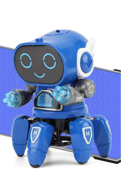 Blue robot toy with a smiling face on a white background