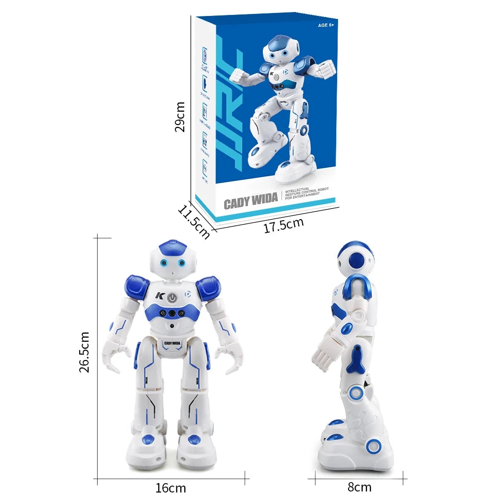 White and blue robot toy with dimensions and packaging displayed