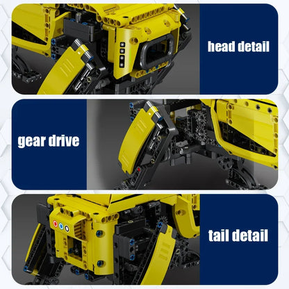 Close-up details of a yellow mechanical model with 'head detail', 'gear drive', and 'tail detail' labels.
