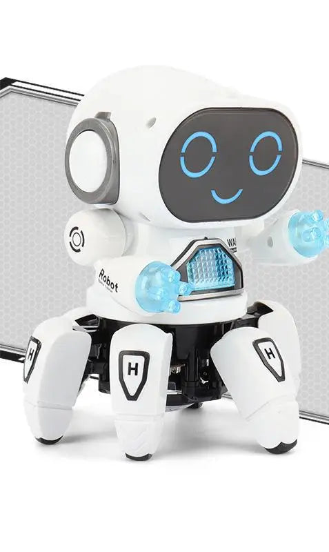 White robot toy with blue accents on a white background