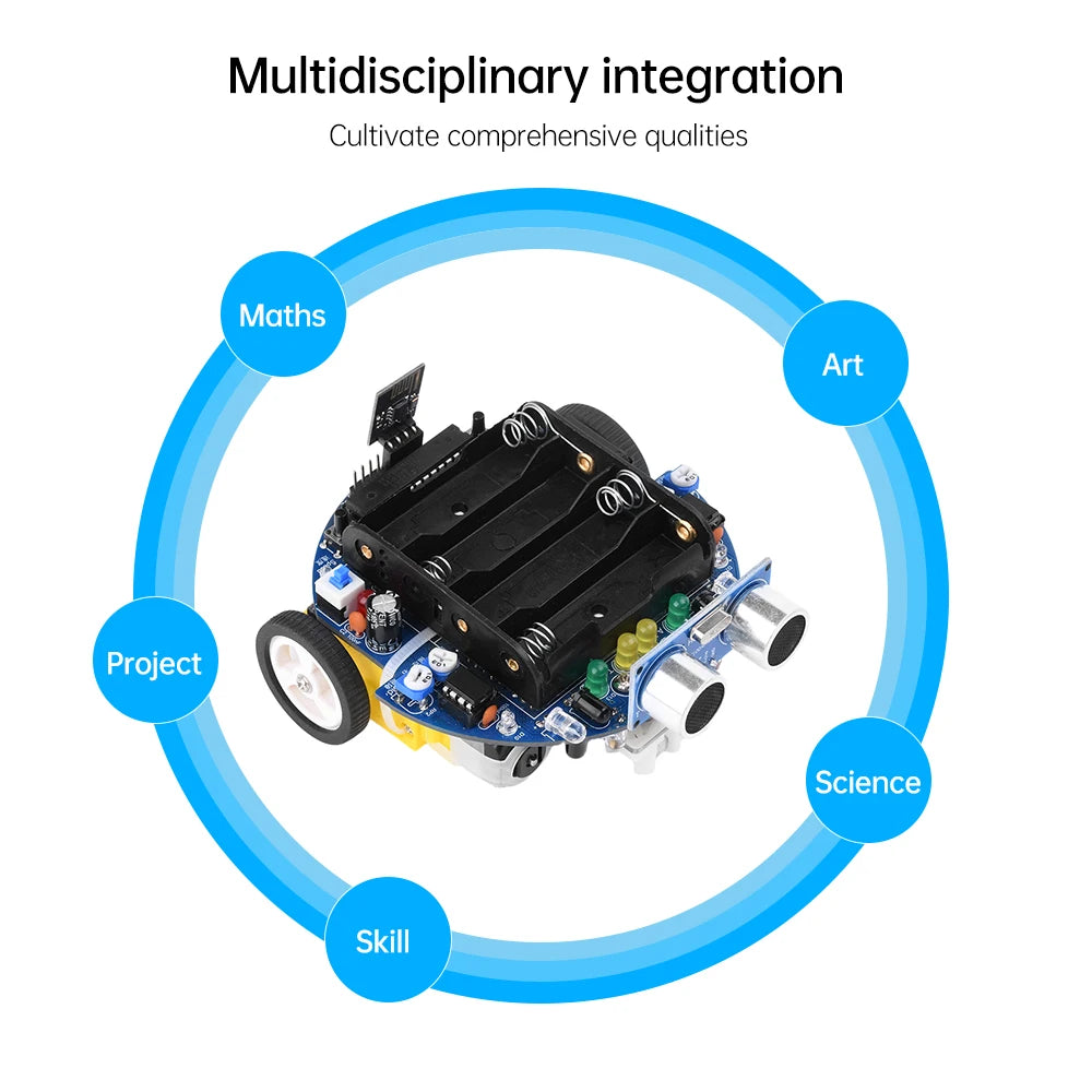 Robotic vehicle with educational components labeled 'Maths', 'Art', 'Project', 'Science', and 'Skill' on a white background.