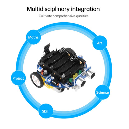 Robotic vehicle with educational components labeled 'Maths', 'Art', 'Project', 'Science', and 'Skill' on a white background.