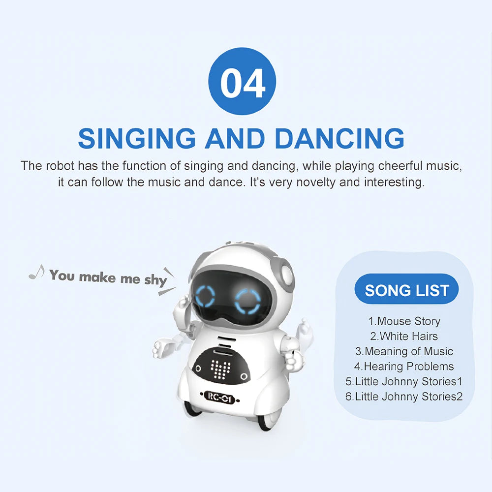 White robot with blue accents on a light blue background, featuring text about singing and dancing capabilities.
