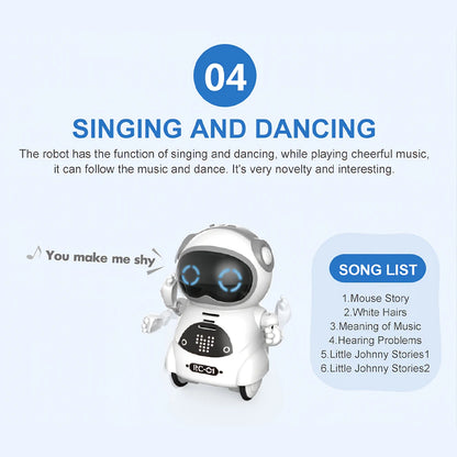 White robot with blue accents on a light blue background, featuring text about singing and dancing capabilities.