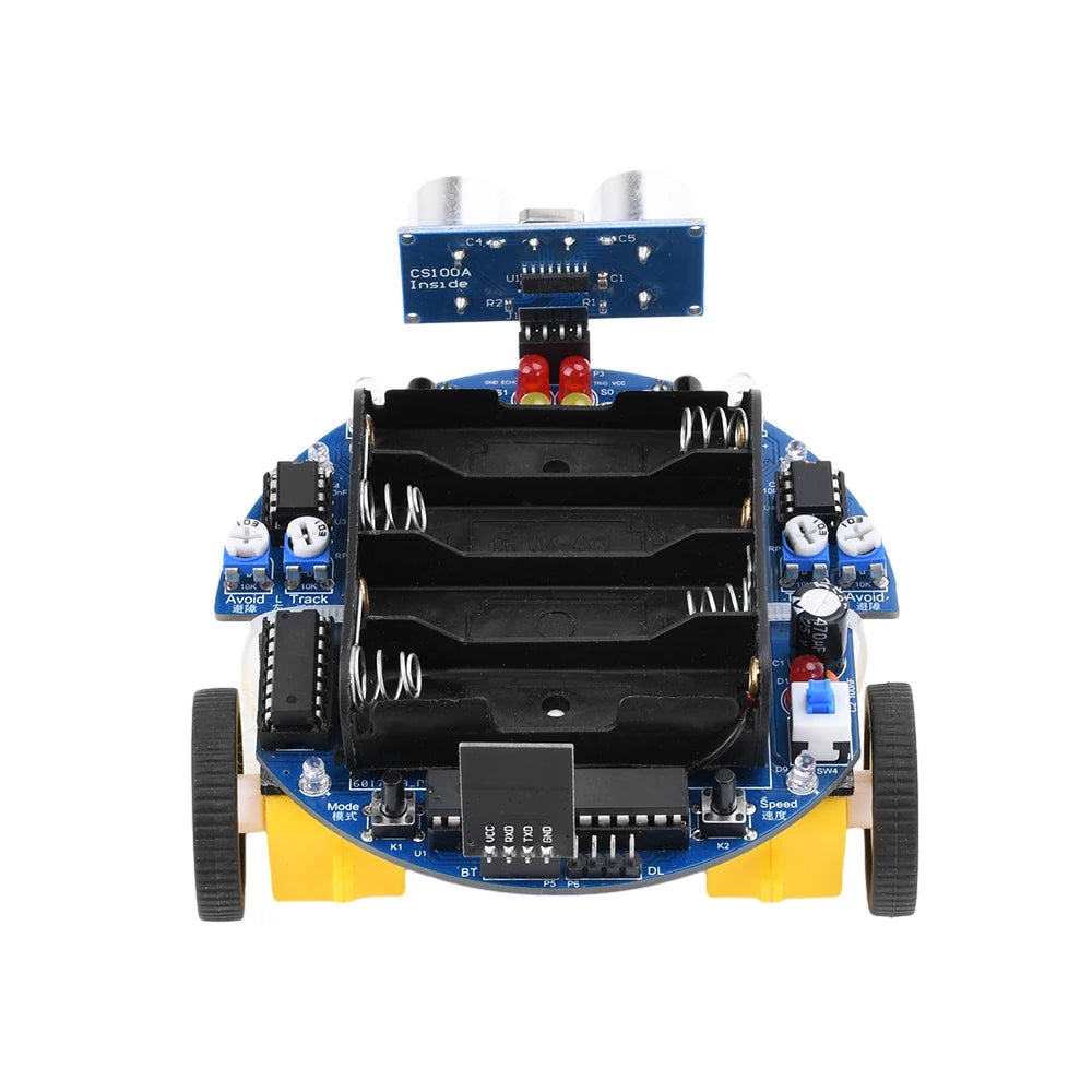 Robot car chassis with electronic components on a white background
