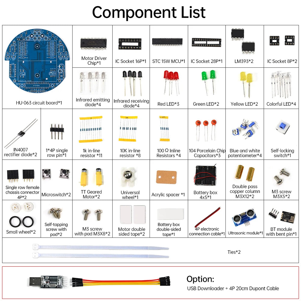 Component list of electronic parts including a circuit board, motors, LEDs, resistors, and connectors on a white background.
